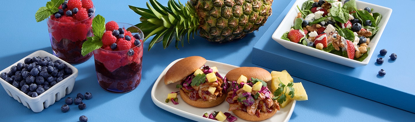 Recipes include fresh summer ingredients such as pineapple, strawberries, blueberries, and raspberries
