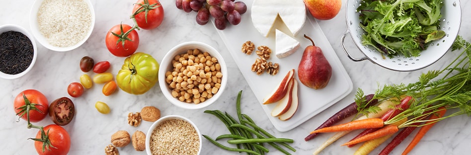 Fresh fruits, vegetables, grains, nuts, and cheese