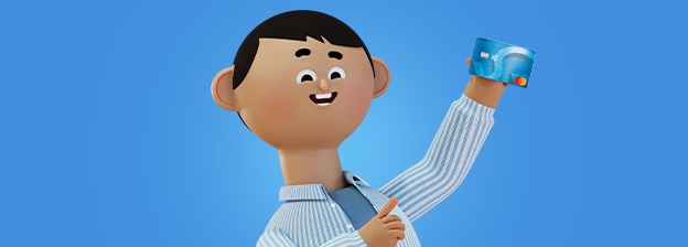 Kroji character holding a Kroger credit card