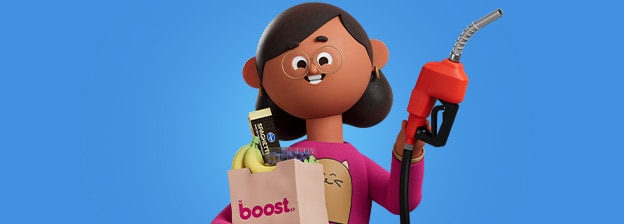 Kroji character holding a bag of groceries and fuel pump.