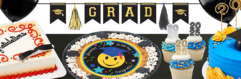 Image of graduation party with custom cake and cupcakes.