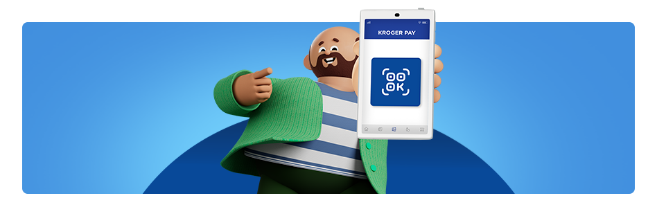 Kroji holding a phone displaying a Kroger Pay QR code.