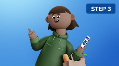 Kroji holding cellphone and a grocery bag