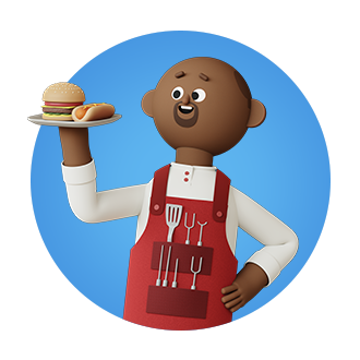 Kroji character wearing a grilling apron and holding up a plate with a hamburger and hot dog.