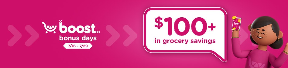 Cartoon woman excited about $100 Plus in Boost Bonus Day Savings.