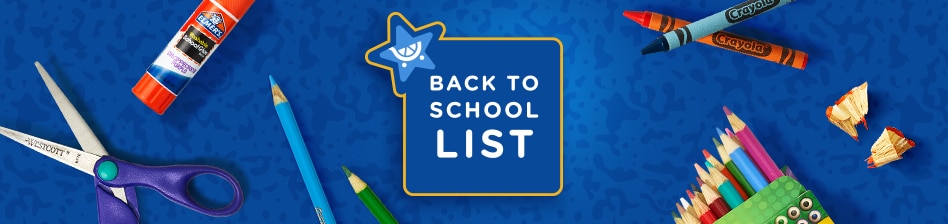 Scissors, Crayola colored pencils, crayons, a composition notebook and an Elmer's glue stick on a textured blue background.
