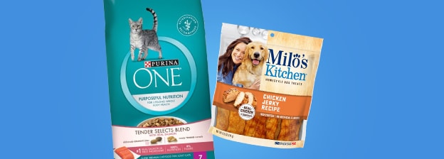Brands include Purina One Cat Food and Milos Kitchen Dog Food