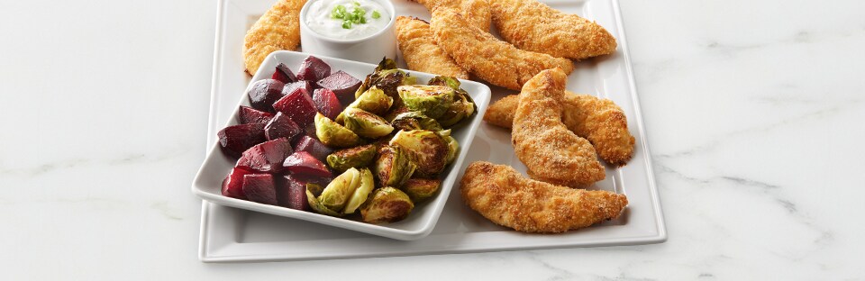 Gluten-free Roasted Brussels Sprouts & Beets with Chicken Tenders Recipe