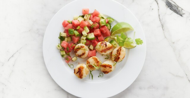 Grilled Garlic Lime Scallops with Watermelon Relish