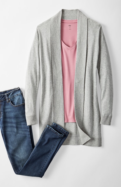 cardigan, v-neck tee, mid-rise jeans