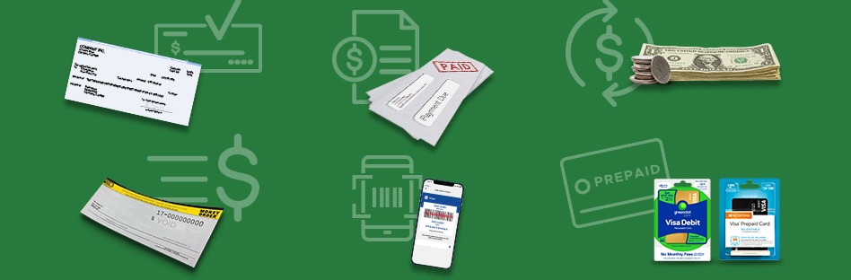 Consolidated representation of all the money services available at Gerbes Super Markets including check cashing, bill pay, money transfers, money orders, account funding, and prepaid cards.